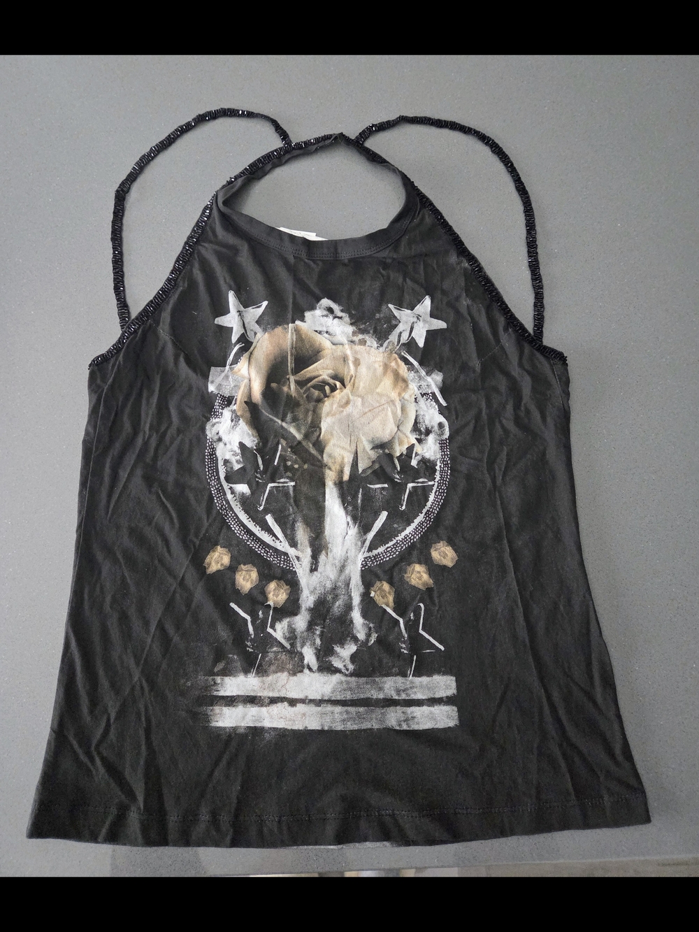 Black Beaded-Strap Halter Camisole with Rose Graphic